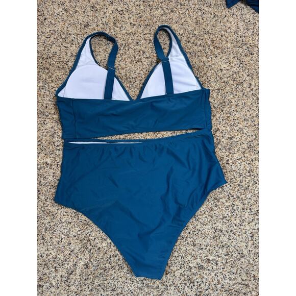 Women's Bikini Set Two Piece Swimsuit High Waisted‎ V Neck Ruched Blue 4XL - Picture 2 of 8